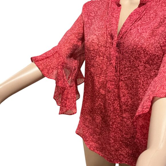 Vince Camuto Women's Pintuck Flutter Sleeve Floral Pattern Voile Blouse Size Sm - Picture 6 of 16